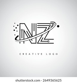 Logotipo de Monograma de Órbita NZ - Marca de Letra Mínima Futurista com Linha de Arte Circular, Pontos Inspirados na Tecnologia e Conceito de Movimento Espacial para Identidade de Marca Moderna