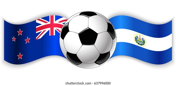 NZ and Salvadoran wavy flags with football ball. New Zealand combined with El Salvador isolated on white. Football match or international sport competition concept.