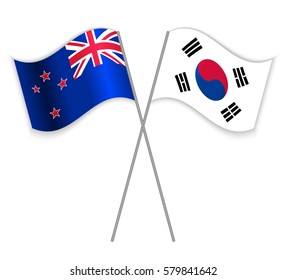 NZ and South Korean crossed flags. New Zealand combined with South Korea isolated on white. Language learning, international business or travel concept.