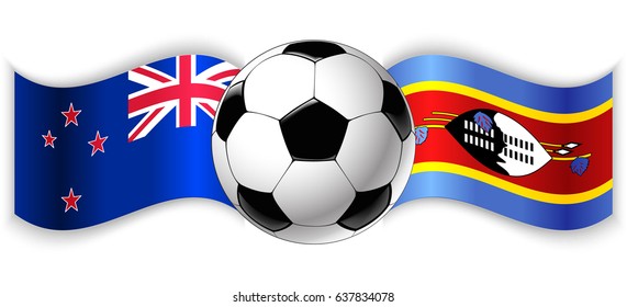 NZ and Swazi wavy flags with football ball. New Zealand combined with Swaziland isolated on white. Football match or international sport competition concept.