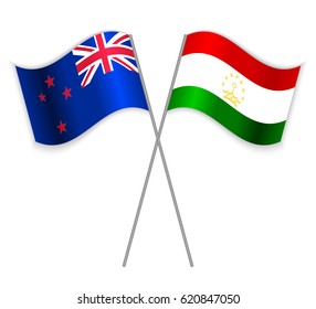 NZ and Tajikistani crossed flags. New Zealand combined with Tajikistan isolated on white. Language learning, international business or travel concept.