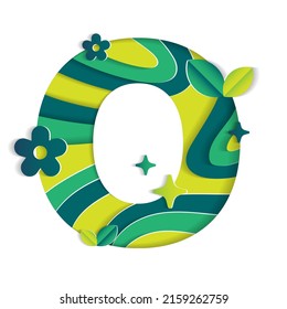 O Alphabet Character Environmental Eco Environment Day Leaf Font Letter Cartoon Style Abstract Paper Sparkle Shine Green Mountain Geography Contour Map 3D Paper Layer Cutout Card Vector Illustration