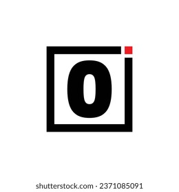 O alphabet letter logo icon in black and white. Company and business design with a square and red dot.