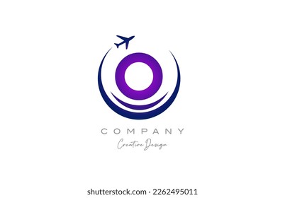 O alphabet letter logo with plane for a travel or booking agency in purple. Corporate creative template design for business and company