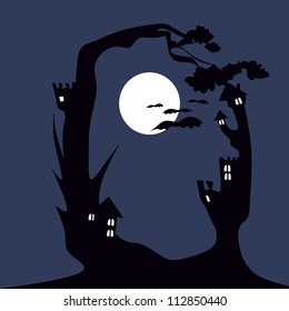 O, in the alphabet set. Halloween full moon night background with haunted house and dead trees.
