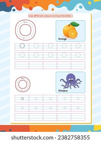 O alphabet tracing practice worksheet. Educational coloring book page with outline vector illustration for preschool