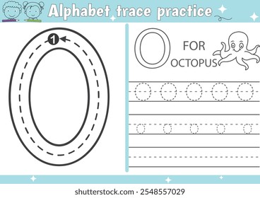 
Hoja de trabajo de práctica de trazado de alfabeto y página de libro para colorear Octopus con Vector de esquema para niños en edad preescolar
