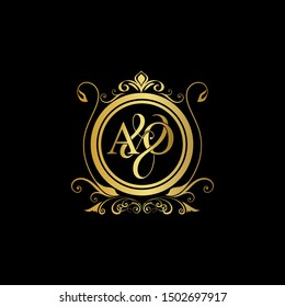 A & O AO logo initial Luxury ornament emblem. Initial luxury art vector mark logo, gold color on black background.	
