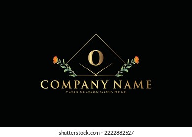 O Beauty vector initial logo, Golden floral letters with flowers leaves and gold splatters isolated on white background. Vector illustration for wedding, greeting cards, invitations template design
