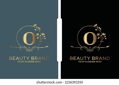 O Beauty vector initial logo, Golden floral letters with flowers leaves and gold splatters isolated on white background. Vector illustration for wedding, greeting cards, invitations template design