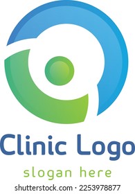 O Clinic Medical Logo Healthcare Symbol. White Cross Sign Negative Space with Green Blue Circle isolated on White Background. Flat Vector Logo Design Template