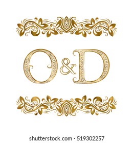 O and D vintage initials logo symbol. The letters are surrounded by ornamental elements. Wedding or business partners monogram in royal style.