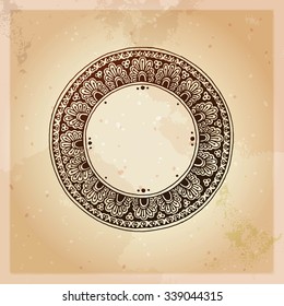 O. Decorative letter. Hand drawn alphabet, ethnic mehndi (henna) style. Vintage background, vector illustration.