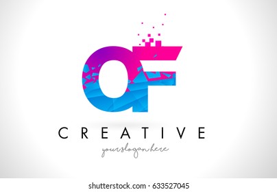 OF O F Letter Logo with Broken Shattered Blue Pink Triangles Texture Design Vector Illustration.