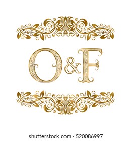 O and F vintage initials logo symbol. The letters are surrounded by ornamental elements. Wedding or business partners monogram in royal style.