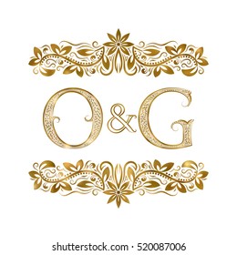 O and G vintage initials logo symbol. The letters are surrounded by ornamental elements. Wedding or business partners monogram in royal style.