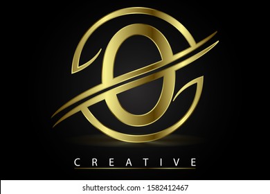 O Golden Letter Logo Design Vector Illustration with Circle Swoosh and Gold Metal Texture. Creative Metallic Letter for Company Name, Label, Icon, Cover, Emblem, Print, Textile, Card or Web Page.