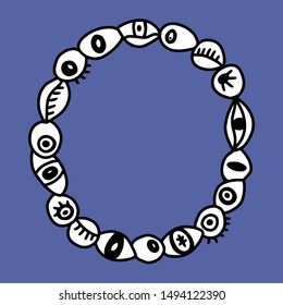O hand drawn vector letter with eye symbols in different forms in cartoon style on violet background