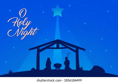 O Holy Night. Silhouette Nativity Scene. Mary, Joseph, and Jesus