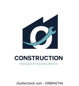 O Initial Letter for Flat Minimalist Modern Construction Logo Design. Simple renovation business logo with wrench equipment tool. Building repair and maintenance brand