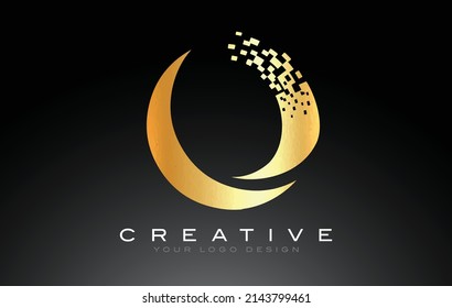 O Initial Letter Logo Design mit digitalen Pixeln in goldenen Farben.