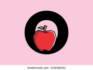 O initial letter with red apple in stiff art style design