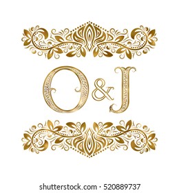 O and J vintage initials logo symbol. The letters are surrounded by ornamental elements. Wedding or business partners monogram in royal style.