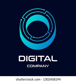 The O letter 3 dimensions or 3D with dot and technology symbol on dark blue background in the style of modern. This logo is suitable for industrial, mechanical, connection, business and automotive.