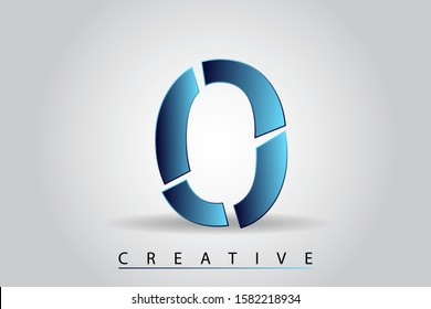 O letter with broken glass effect. Blue shattered letter with falling pieces vector illustration for logo, monogram, label, cover, emblem, company name, glass business, firm sign or web page design.