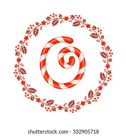 O letter christmas candy with wreath. Vintage design elements for your application or corporate identity.