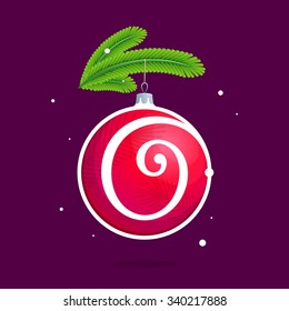 O letter with Christmas red ball and fir branches. Vector design template elements for your application or corporate identity.