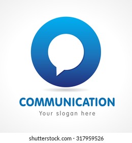 O letter communication logo. Business or educational consult, blue colored volume sign. FAQ, I.Q., contact us, computer or smartphone settings, speak icon. Branding identity.