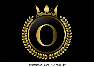 O letter and crown monogram logo. Luxury laurel with golden wreath. Elegant vector for emblem, logo, card, badge, antique, restaurant, cafe, boutique, hotel, heraldic, jewelry, product or company name