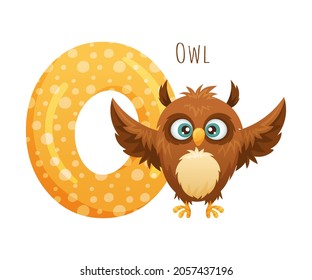 O letter and cute owlet baby animal. Zoo alphabet for children education, home or kindergarten decor cartoon vector illustration