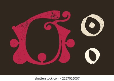 O letter drop cap logo. Illuminated initial and blackletter uppercase and lowercase. All you need to precisely imitate medieval text. Decorative element for the beginning of a paragraph or section.