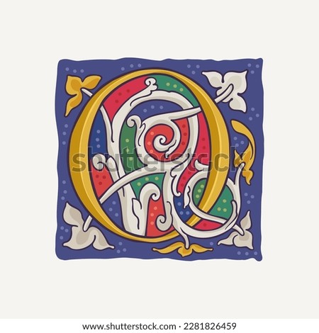 O letter drop cap logo with interlaced white vine and gilding calligraphy elements. Renaissance initial emblem. Medieval dim colored fancy luxury icon based on Ottonian and Romanesque.