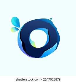 O letter eco logo with blue dew drops in hologram glitch style. Environment friendly icon with color shift and illusion effect. Vector idea for waste recycling identity or organic merchandise.