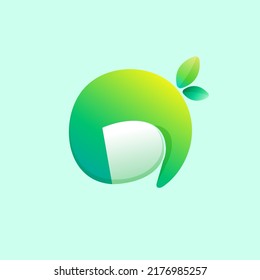 O letter eco logo with curled corner and green leaves. Negative space style icon. Colorful gradient note paper. Vector origami font for agriculture art, waste recycling design, healthy food packaging.