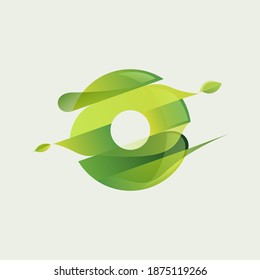 O letter eco logo with green diagonal stripes, leaves and waves. Vector font perfect to use in agriculture labels, herbal cards, nature posters, vegan identity, etc.