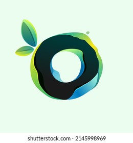 O letter eco logo with green leaves in hologram glitch style. Environment friendly icon with color shift and illusion effect. Vector element for waste recycling identity, natural theme presentation.