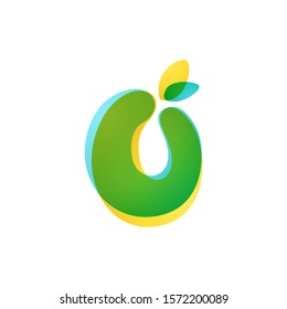 O letter eco logo. Overlapping gradient font with green leaves. Vector green template can be used for eco, vegan, bio, raw, organic.