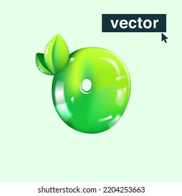 O letter eco logo in realistic 3D design and cartoon balloon style. Glossy green vector illustration. Perfect for agriculture banners, vibrant advertising, waste recycling art, healthy food packaging.