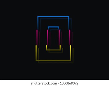 Tipo de letra O, logotipo de diseño vectorial. Dinámico, de dos colores, azul, rosa, amarillo sobre fondo negro. Ilustración Eps10