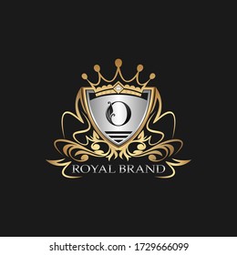 O Letter Gold Shield Logo. Elegant vector logo badge template with alphabet letter on shield frame ornate style design.