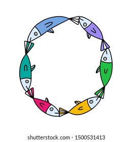 O letter hand drawn vector illustration sardines form in cartoon style rainbow colors