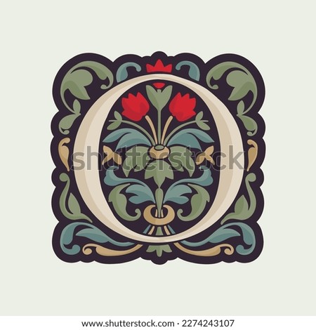 O letter illuminated initial with curve leaf ornament and tulips. Medieval dim colored fancy drop cap logo. Gothic heraldry blackletter dark-age emblem. Perfect for luxury calligraphy with pattern.