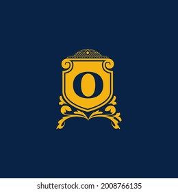 O Letter Initial with Royal Template. Elegant with crown logo vector, Creative Lettering Logo Vector Illustration. Royal shields badges, Coat of Arm Logo Concept.
