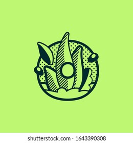 O letter landscape monochrome logo with leaves and dew drops. Vector pattern typeface for vegetarian labels, garden company, eco posters etc.