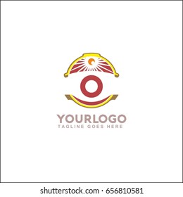O letter landscape vector illustration. Vintage sunset logo with sun.
