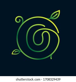 O letter leaf logo in a circle. Impossible one line style. Perfect green icon for environment labels, landscape posters and garden identity, etc.